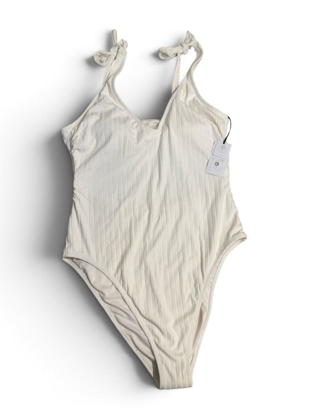 Shade & Shore Cream Ribbed One-Piece Swimsuit with Tie Straps